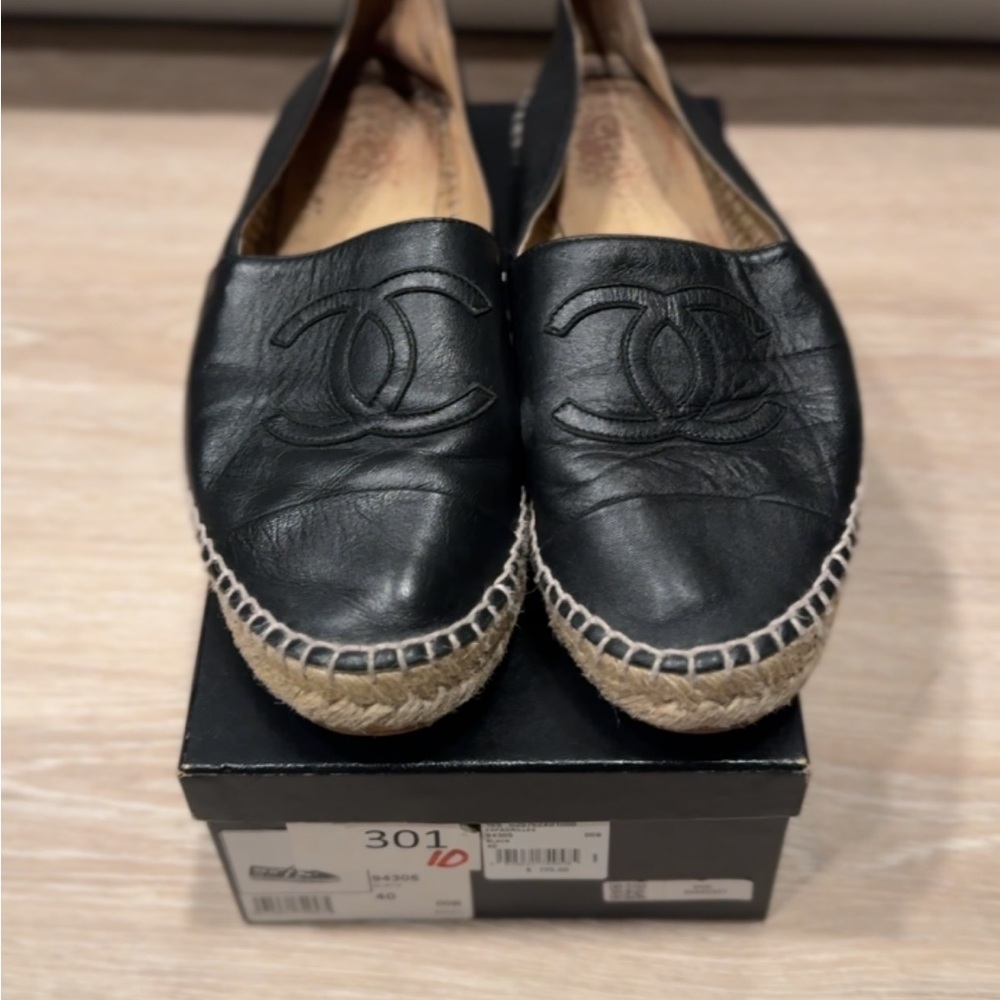 CHANEL Black Leather Espadrilles